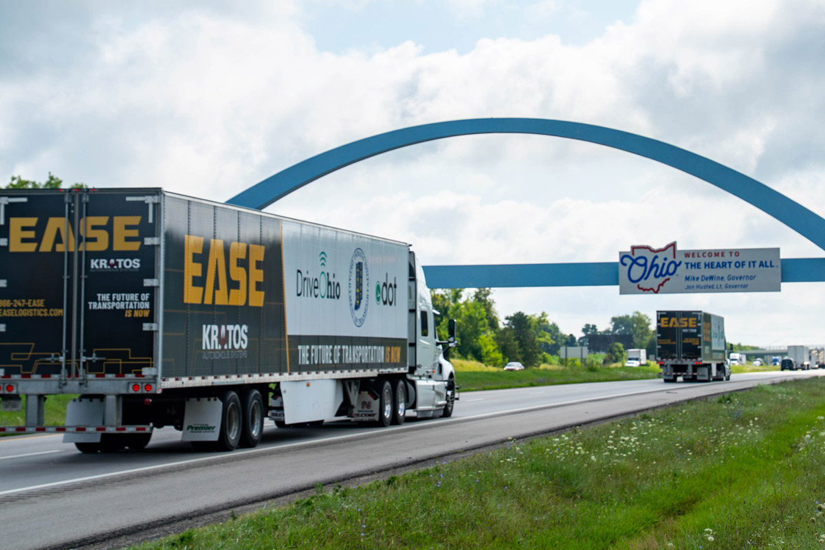 Two Ease Logistics trucks outfitted with Kratos Defense platooning technology autonomously steer, accelerate and brake between Columbus, OH and Indianapolis, IN.